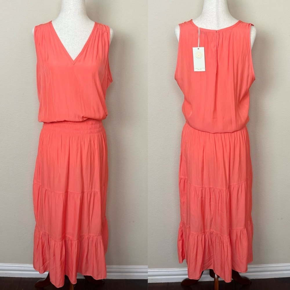 Ramy Brook New York Edenn Midi Lined Tiered Dress in Coral Size Small